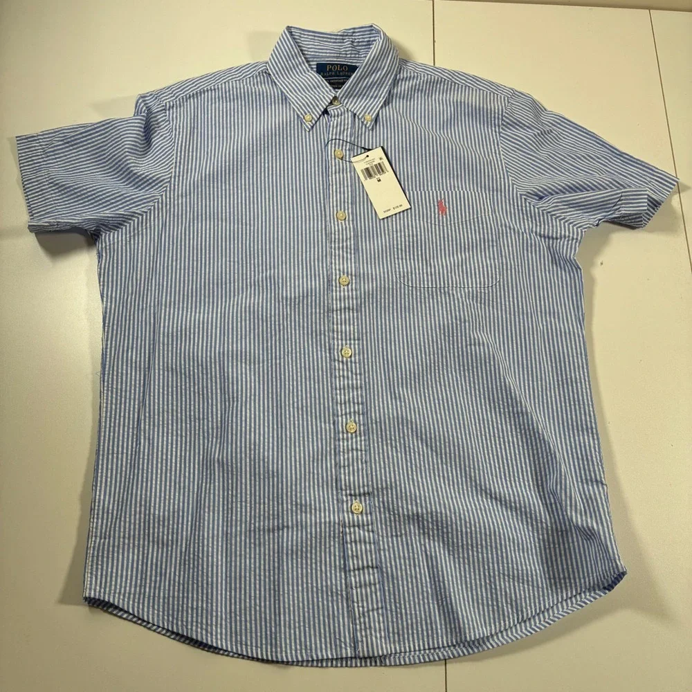NEW Polo Ralph Lauren Seersucker Shirt Medium Blue Striped RL Untucked Fit